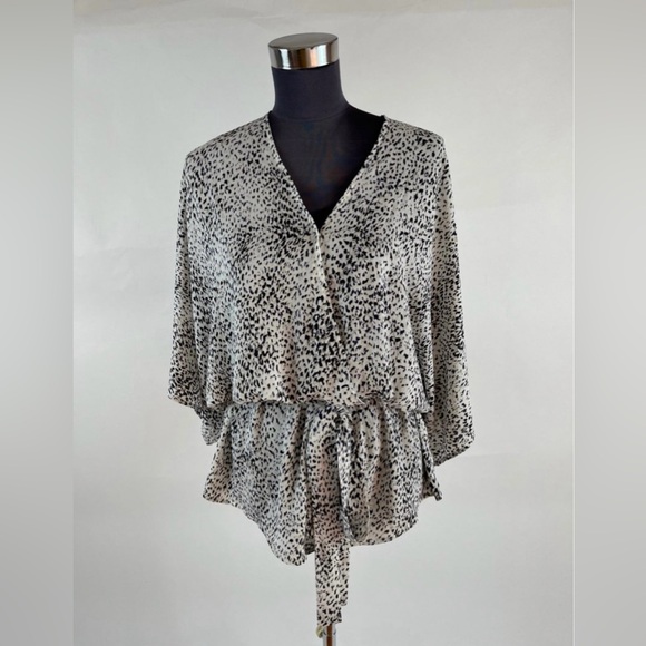 Black and White Sheer Chiffon V-neck Leopard Animal Print Ruffle Romper - Picture 1 of 7